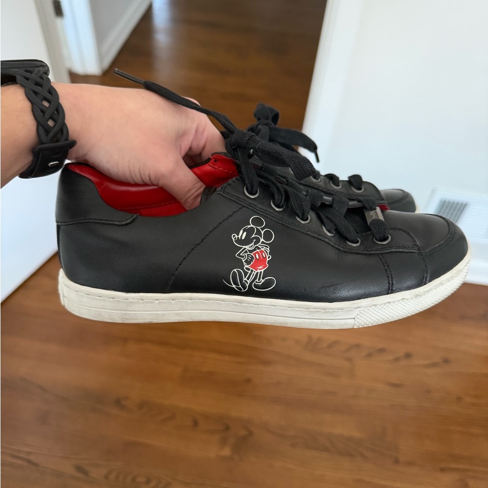 Coach Black Leather Sneakers with Mickey Mouse Graphic and Red Interior